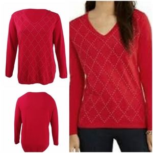 Tommy Hilfiger Women's Scarlet Embellished Studded Cotton Sweater Pullove V-Neck